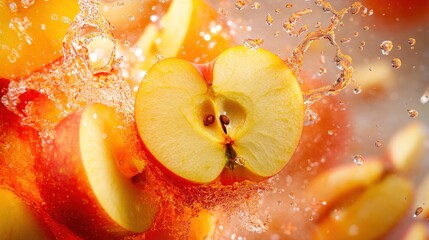 Wall Mural - A close up of a sliced apple with a splash of juice