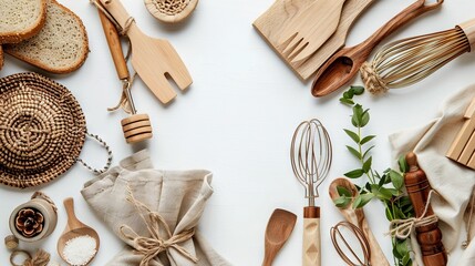   A variety of kitchen utensils are displayed on a white surface, including a whisk, bread, a sprig, and two whisks