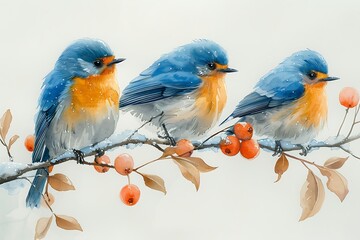 Wall Mural - Three bluebirds perched on a snowy branch with berries, a watercolor illustration.