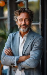 Poster - A man with a beard and gray hair is wearing a blue jacket and white shirt. He is smiling and looking at the camera