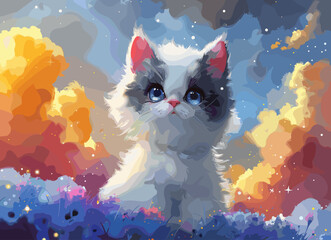 Poster - Cute kitten on a background of the sky with clouds. Vector illustration.