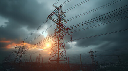 Poster - The power of electricity lines. Industrial landscape with high voltage power lines. Generative AI.
