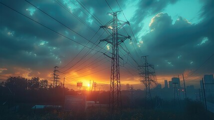 Poster - The power of electricity lines. Industrial landscape with high voltage power lines. Generative AI.