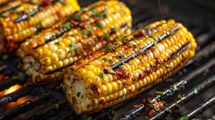 Summer BBQ Delight. Grilled corn cobs resting on a barbecue grill perfectly