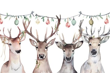 Wall Mural - Watercolor illustration of four playful reindeer with festive garlands on antlers