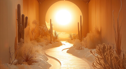 Wall Mural - Indoor show design, the background is a simulated western environment with desert and desert plants, a winding road in the middle of the frame as a route for the models to walk down the runway.