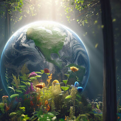 Wall Mural - Earth growing in the Woods with plants and flowers, Earth Day concept