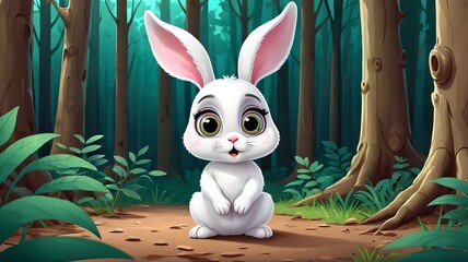 Wall Mural - Illustration of a cute white rabbit sitting in a forest - animated cartoon