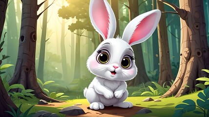 Canvas Print - Illustration of a cute white rabbit sitting in a forest - animated cartoon