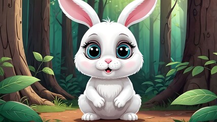 Wall Mural - Illustration of a cute white rabbit sitting in a forest - animated cartoon