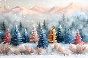 Wall Mural - Watercolor illustration of a snowy forest with pastel-colored trees.