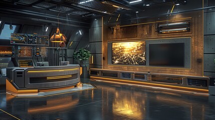 a futuristic office with a tv and a desk in the center of the room with a lot of lights..