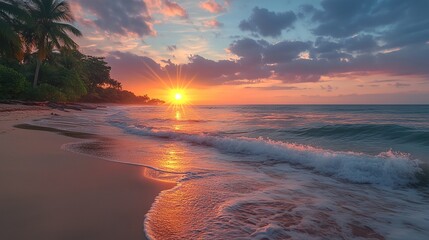 Poster - a sunset over a beach with waves crashing on the shore and palm trees in the background