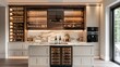 © visoot - Modern kitchen cabinets in white and beige with glass doors, brushed black titanium wine cooler with recessed lighting, and wooden wine rack. High-end interior includes living room backsplash layout.