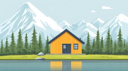 Wall Mural - Serene Cabin by the Lake Surrounded by Mountains