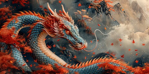 Wall Mural - A blue dragon with orange scales is flying through the air. The dragon is surrounded by a lot of leaves and branches, giving the impression of a forest