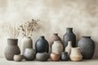 © Elmira - A collection of vases and bowls featuring various textures is neatly arranged on the floor, enhanced by soft, natural light illuminating their elegant designs