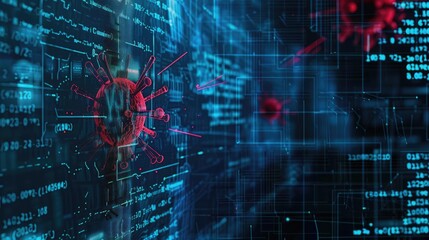 System hacking with info message. Background with a code on a blue background and a virus warning. Cyber security and cybercrime
