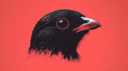 Poster - Graphic Portrait of a Black Bird on Red Background