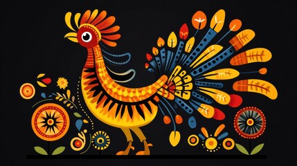 Canvas Print - Colorful Folk Art Rooster with Floral Accents