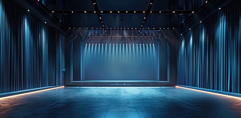 Aufkleber - Panoramic symmetrical view, dark elegant conference hall with large stage for performance, floodlights, empty large room. Generative AI.