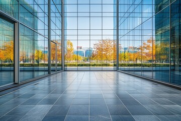 Reflective glass walls of a contemporary office structure showcase a vibrant autumn landscape on a sunny day, enhancing the visual connection between nature and architecture