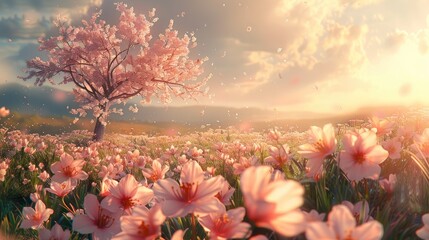 Wall Mural - A field covered in flower, soft light, peach blossom. Generative AI.