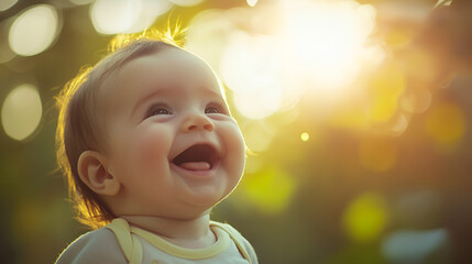 Wall Mural - Baby Laughing in a Field of Flowers at Sunset
