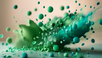 Wall Mural -  Bright cyan and lime green paint splatters scattered like confetti, with a soft, neutral cre 