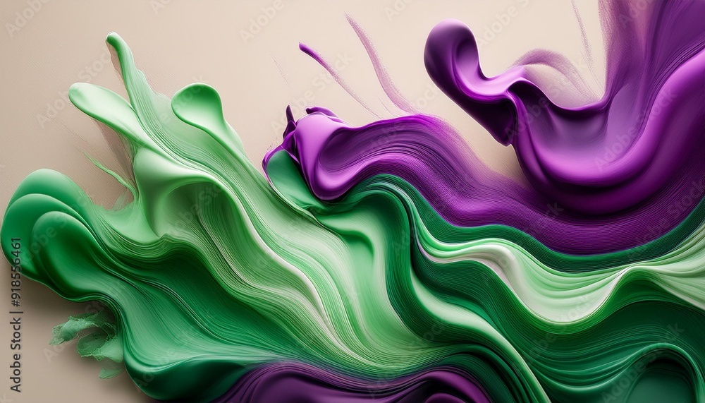 Layers of vibrant green and deep purple paint streaks blending together ...