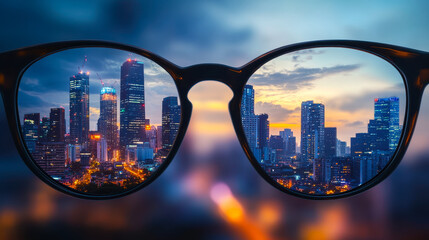 Modern city skyline at sunset viewed through eyeglasses, sharp focus on urban buildings with colorful evening sky, concept of vision clarity, sharpness and perspective