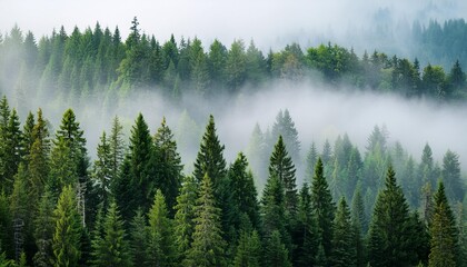 Wall Mural - panorama of a coniferous forest in the mist of tree tops.