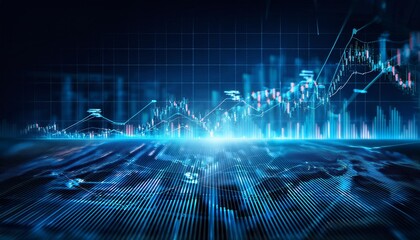 Perspective view of stock market growth, business investing and data concept with digital financial chart graphs, diagrams and indicators on dark blue blurry background. ai generated.