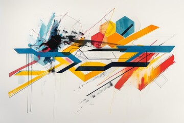 Wall Mural - minimalist abstract piece with bold lines and hexagons in vivid colors, creating a sense of movement
