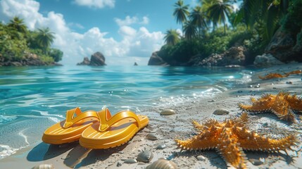 summer holiday background with yellow flippers, snorkel set, and starfish on the beach, 