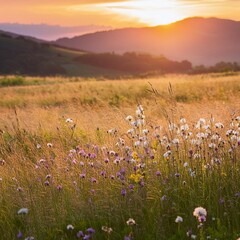 Wall Mural - serene meadow landscape with tall grasses swaying in the breeze bathed in soft golden hour light wildflowers adding pops of color