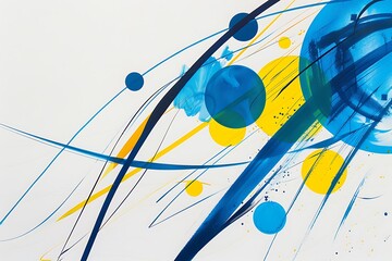 Wall Mural - minimalist abstract piece with bold lines and circles in bright blue and yellow, arranged to create 