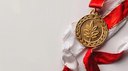 A gold medal with a leaf design and a white and red ribbon on a white background.