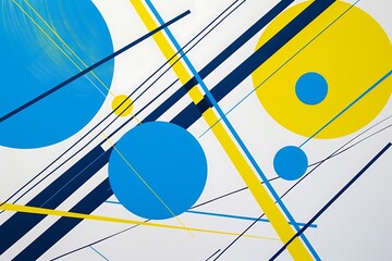 Wall Mural - minimalist abstract piece with bold lines and circles in bright blue and yellow, arranged to create 