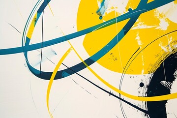 Wall Mural - minimalist abstract piece with bold lines and circles in vivid yellow and blue, creating a sense of 