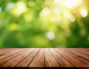 Wood table top on bokeh abstract green background