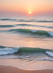 Wall Mural - A serene ocean landscape with calm, rippling waves reflecting the warm, pastel-colored sky and bright sun in the distance, vertical stories social influencer format