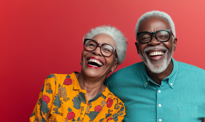 Smiling black senior couple, isolated red color background, image with space for text