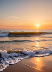 Wall Mural - A serene ocean landscape with calm, rippling waves reflecting the warm, pastel-colored sky and bright sun in the distance, vertical stories social influencer format