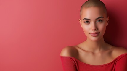 Portrait of a confident woman with a shaved head in a red top against a red background.