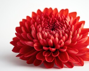 Close-up of a red chrysanthemum with layered petals, set against a white background, highlighting its rich color and texture