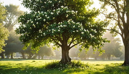 Poster - Arbre en fleurs sous la lumière du matin