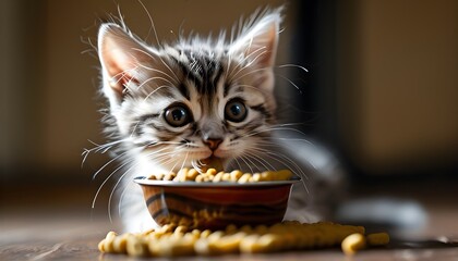 The cute kitten is eating food, with soft hair and curiosity.