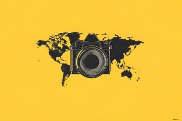 World Photography Day August 19th. Camera on background of continents of the Earth. Template for a festive design