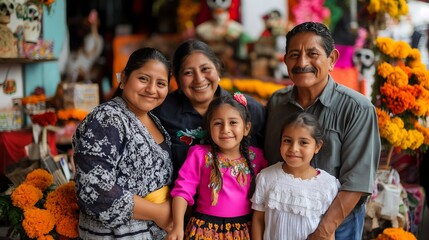 Wall Mural - a happy Mexican family celebrate the day of the dead, concept of traditional values, ancestral memory, national holidays